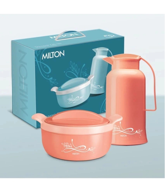 Milton Souvenir Gift Set, Crave 1500 Inner Stainless Steel Casserole, 1.38 ml and Crystal 1000 Insulated Flask, 970 ml, Peach | BPA Free | Odour Free | Food Grade - Peach