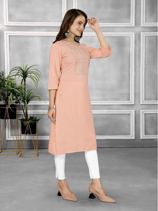 Rangita Women Rayon Peach Embroidered Knee Length Straight Kurti - None