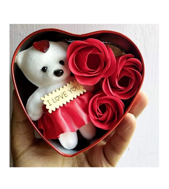 Teddy and Roses(3 Pieces Roses 1 Small Bear Doll)/ Heart Shaped Gift Tin Box containing Teddy and Roses with Love Message/Heart Shape Tin Box ( Red / Pink )