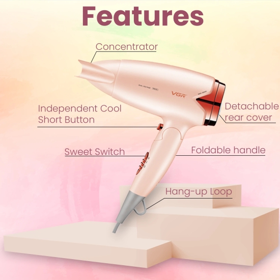 VGR V-428 Foldable Hair Dryer 12001600W DC Motor Dual Voltage 2 Speed Settings Travel-Friendly Pink-VGR V-428 Foldable Hair Dryer, 1200/1600W DC Motor, Dual Voltage, 2 Speed Settings, Travel-Frie