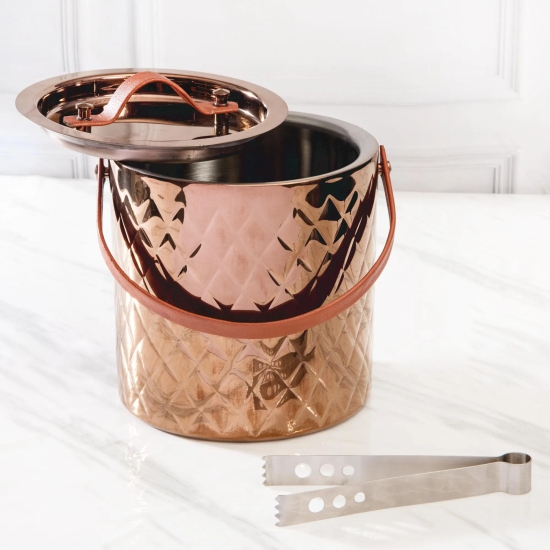 LEATHER HANDLE ICE BUCKET WITH TONG-Rose Gold