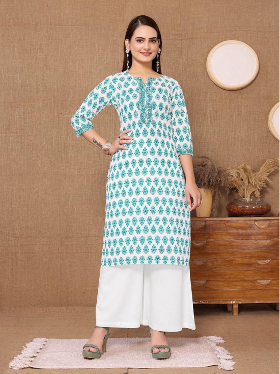 Rangita Women Cotton Turquoise Embroidered Knee Length Straight Kurti - None