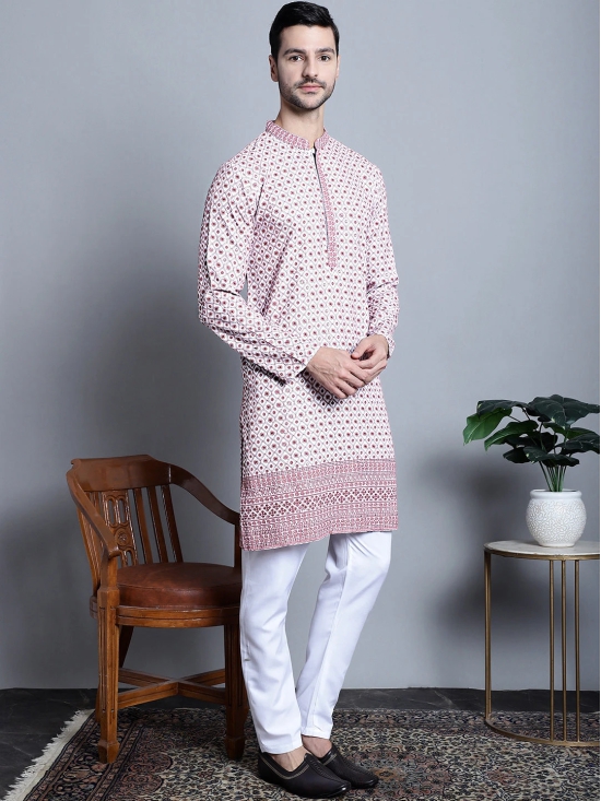 Mens Chikankari Embroidered Kurta Only-L / Pink