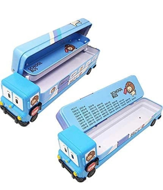 School Bus Metal Pencil Box Geometry Box With Sharpener Cartoon Printed Dual Compartment Space Bus,