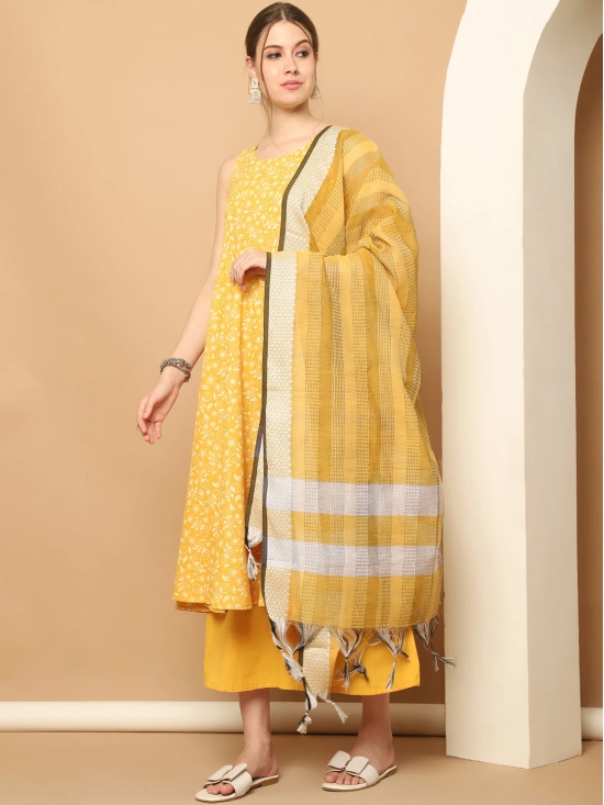 Printed yellow flared kurta pallazos dupatta set-M / Yellow