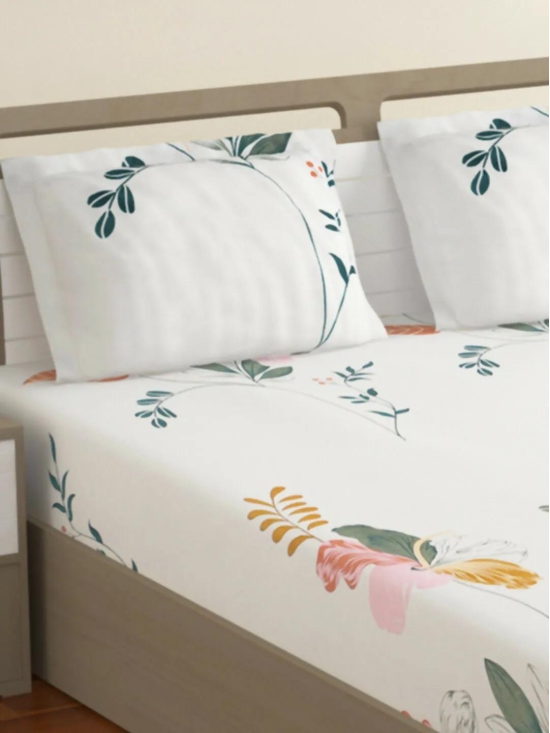 Bedsheet Vista 110 GSM Microfiber White Floral Double with 2 Pillow Covers-White