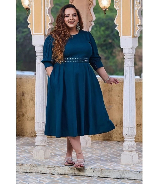 PrettyPlus by Desinoor.com Rayon Solid Midi Womens Fit & Flare Dress - Teal ( Pack of 1 ) - None