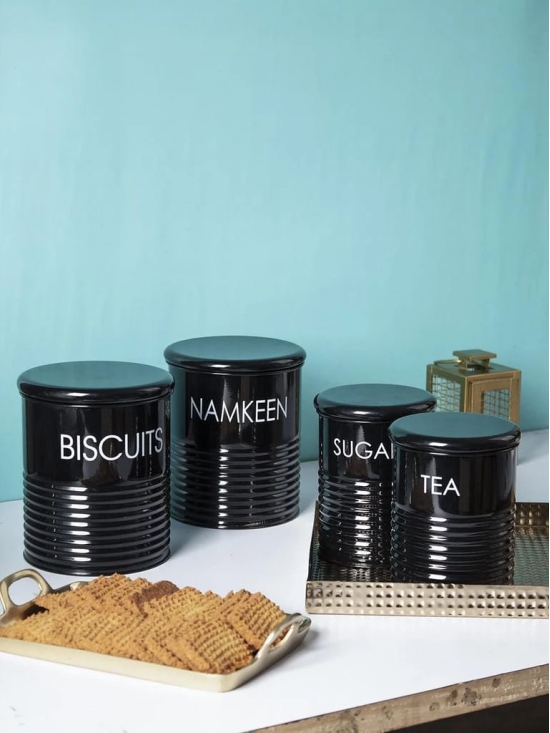 Tea & Sugar Jar (Each 900 Ml) +  Biscuits & Namkeen Jar (Each 1700 Ml) - Black, Set Of 4