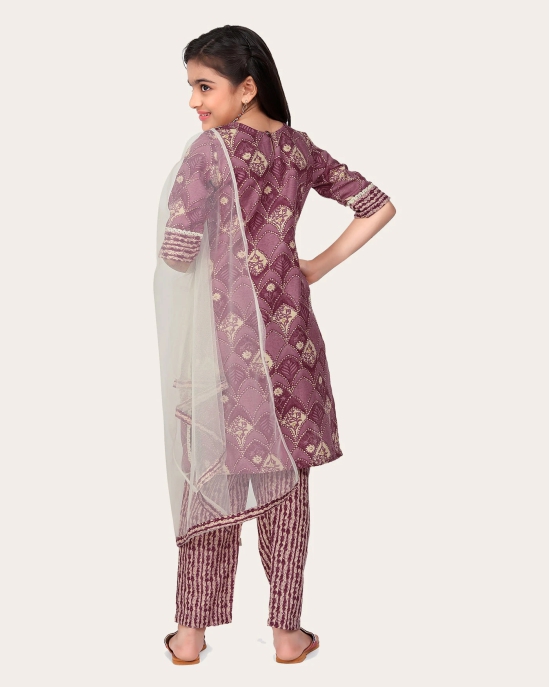 Kid Girls Embroidered Cotton Printed Full stitched Nayara Cut Kurtis with Bottom Dupatta set-Purple / 8 - 9 Years