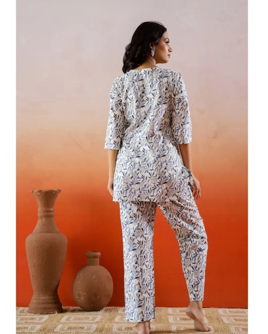 Plus Size White & Blue Floral Print Cotton Loungewear Set-4XL