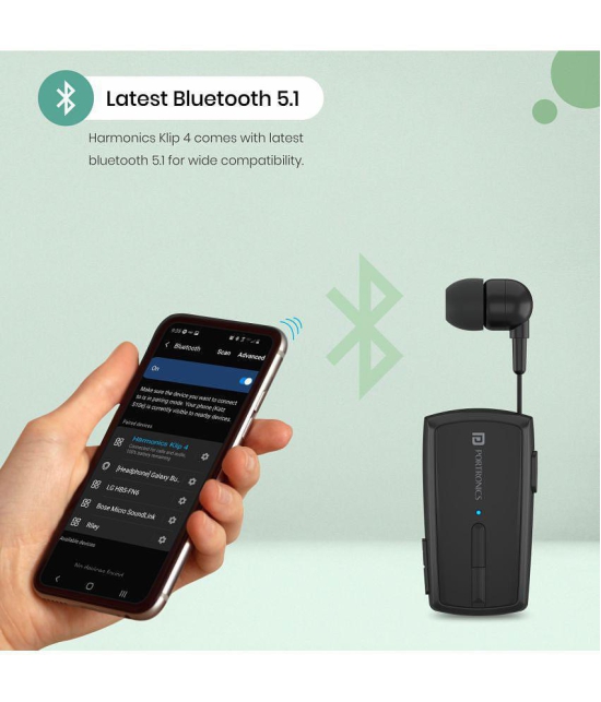 Portronics Harmonics Klip 4:Retractable Bluetooth Earphone ,Black (POR 1102) - Black