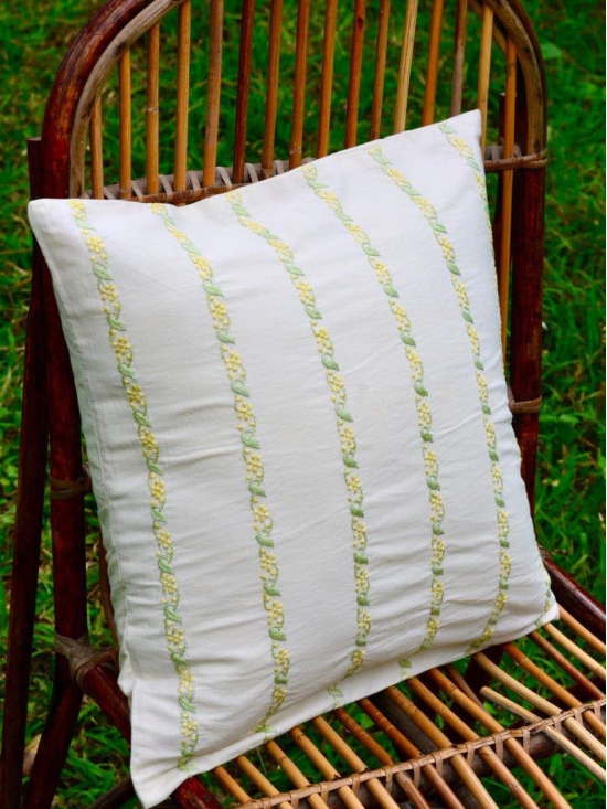 Bageecha Mint Green & Lemon Chikankari Stripe Cushion Cover (16X16 inch)