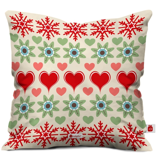 Indigifts Christmas Cushion Covers Nordic Pattern with Hearts, Snowflakes and Flowers Printed White Cushion Cover 18x18 inches - Christmas Cushion, Christmas Decorations for House, Xmas Decorations