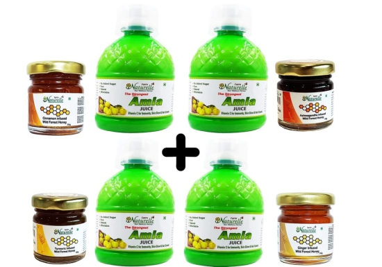 Farm Naturelle-Strongest n Concentrated Amla Juice for Improved Immunity, Hair and Skin Health (2+2 Free)-4x400ml+ 55gx4 Herbs Infused Forest Honeys