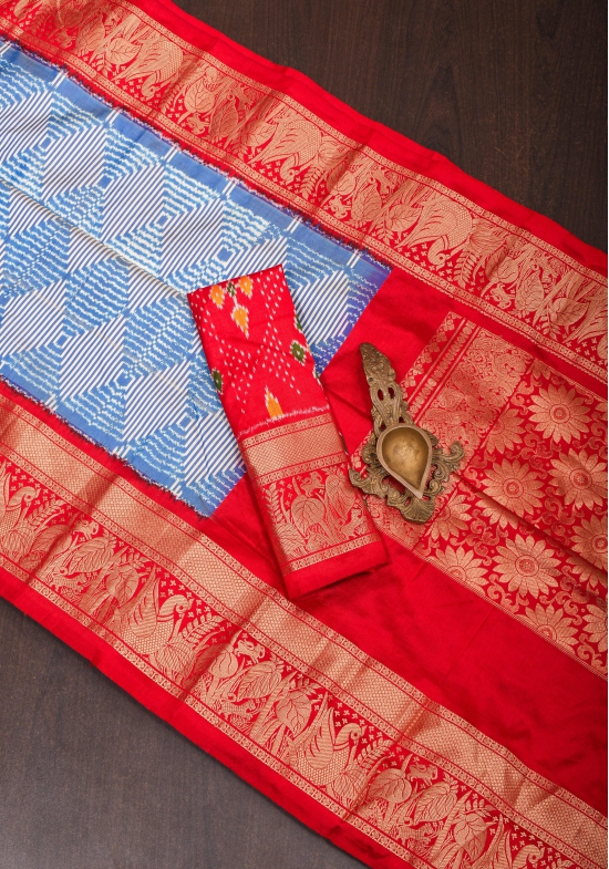 Blue and White Base Ikkat Optical Illusion Design Patola with Kanjivaram Pure Silk Fusion Saree and contrast Red Border | SILK MARK CERTIFIED