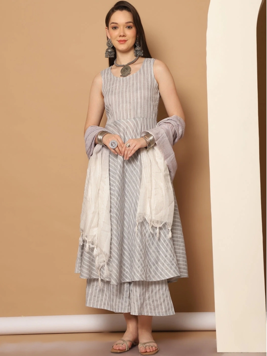 Women Grey Woven Design Flared Kurta with Palazzos & With Dupatta-L / Gray