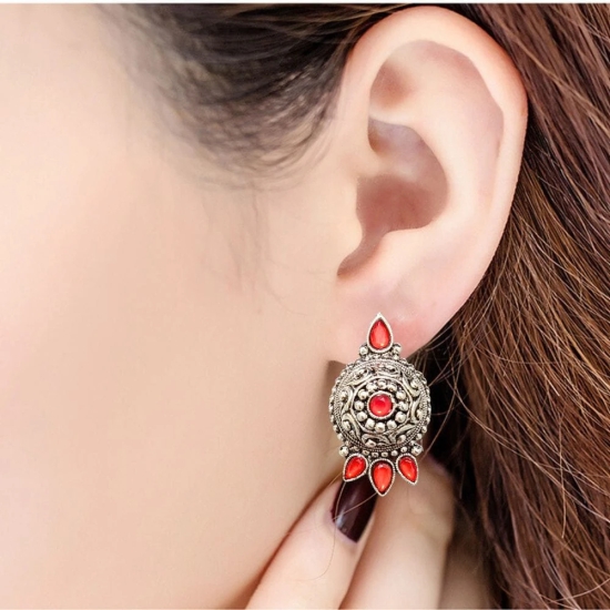 Oxidized German Silver Antique Look Afghani Chandbali Earrings With Red Stones