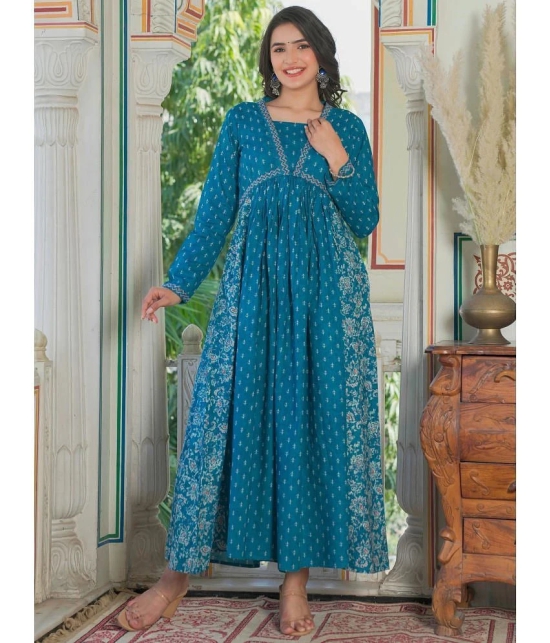 Vbuyz Cotton Printed Anarkali Womens Kurti - Blue ( Pack of 1 ) - None