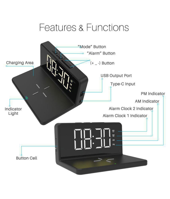 Portronics Freedom 4A:Desktop Wireless Charger with Digital Alarm Clock ,Black (POR 1042) - Black