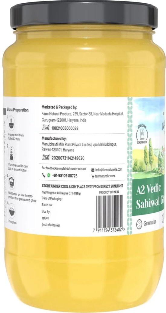 Farm Naturelle-A2 Desi Cow Ghee from Grass Fed Sahiwal Cows,Vedic Bilona Method-Curd Churned-Golden, Grainy & Aromatic, Keto Friendly, Non-GMO, Lab Tested, Glass Jar-1000ml and a Wooden Spoon.