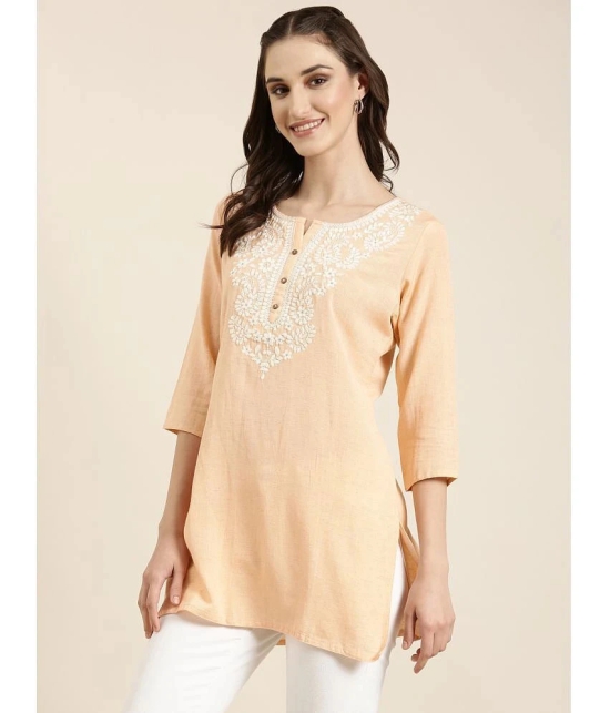 Showoff Cotton Blend Embellished Straight Womens Kurti - Peach ( Pack of 1 ) - None