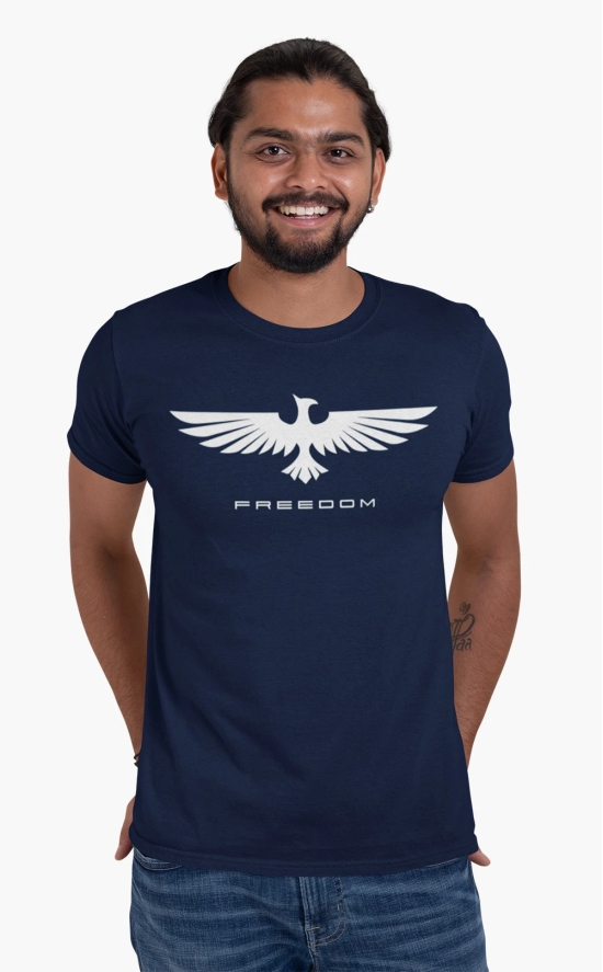 Mens Round Neck Eagle Freedom T-shirt-Navy Blue / 4XL