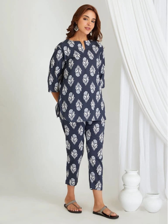 BREATHABLES Women Cotton Printed Loungewear Kurta and Pants Co-ord Set 3/4 Sleeve Round Neck Comfort Loose Fit Blue I Night Wear | Co-ord set | Lounge Wear Set