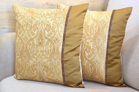 Luxurious Cream & Golden Brocade Decorative Self Design Cushion Cover - 16x16 Size