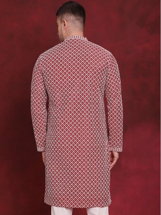 Men Sequin Chikankari Front Open Kurtas-L / Maroon