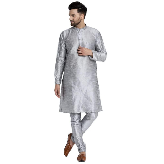 Banity Bey Men's Silk Blend Silver Kurta Pajama with Designer Ethnic Nehru Jacket/Modi Jacket/Waistcoat
