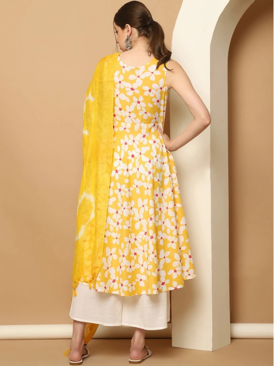 Printed yellow flowers flared kurta pallazos dupatta set-XL / Yellow