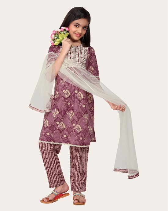 Kid Girls Embroidered Cotton Printed Full stitched Nayara Cut Kurtis with Bottom Dupatta set-Purple / 8 - 9 Years