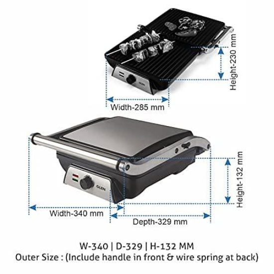 Glen Contact grill toaster sandwich maker, 2000W with Oil Collector Tray and 180 Degree Opening (Silver, 3031)