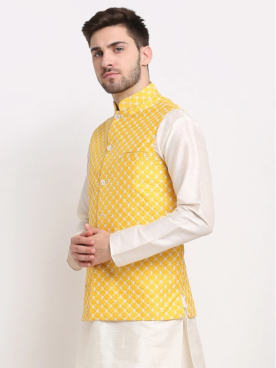 Jompers Mens Mustard Mustard and White Embroidered Nehru Jacket-S / Mustard