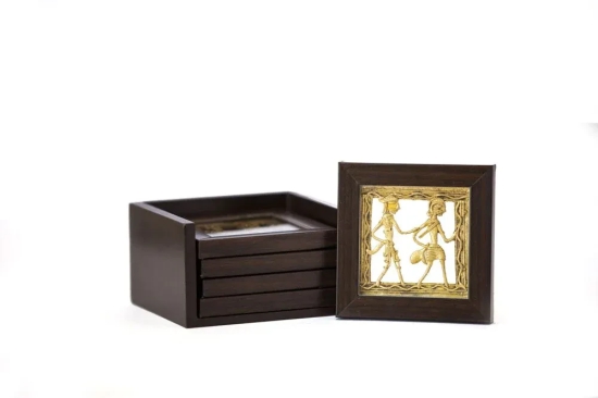 Dhokra Coaster Set With Stand (Available In Set Of 4)