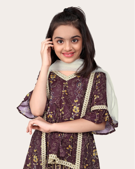 Girls Floral Print Kurta Set with Dupatta-Brown / 5 - 6 Years