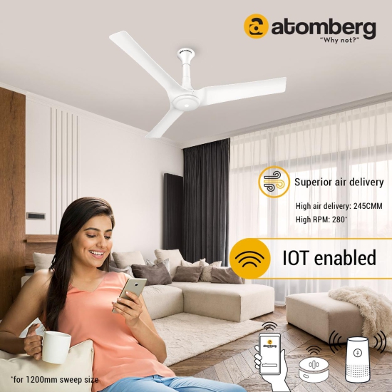 Atomberg Aris IOT Enabled 1200 mm BLDC Motor with Remote 3 Blade Ceiling Fan(Marble white)