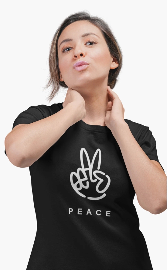 Womens Round Neck PEACE T-Shirt-Black / 2XL