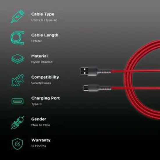 Croma USB 2.0 Type A to USB 2.0 Type C Charging Cable (Braided Outer Exterior, Red)