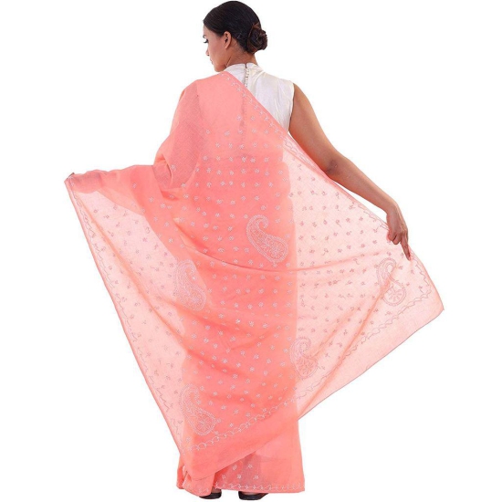 Lavangi Women Lucknow Chikankari Keel Work Light Gajiri Cotton Saree With Blouse