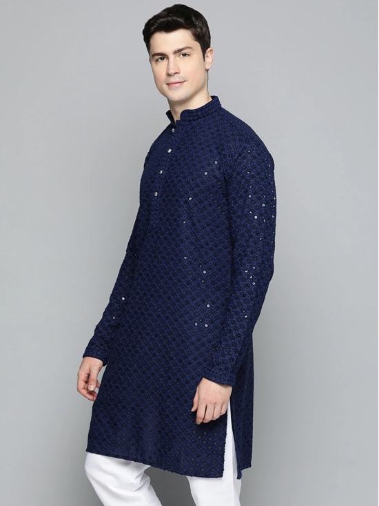 Men Navy Blue Chikankari Embroidered and Sequence Kurta Only-M / Navy-Blue