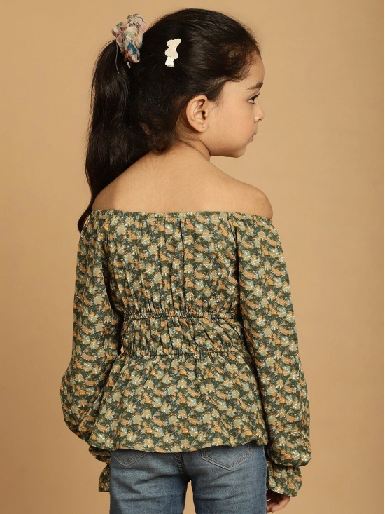 MINI & MING Girls Floral Printed Off-Shoulder Puff Sleeves Gathered Bardot Top