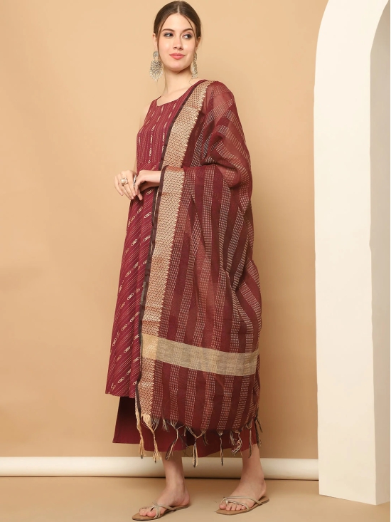 Maroon Woven Design Kantha Work Kurta with Palazzos & With Dupatta-XXL / Red