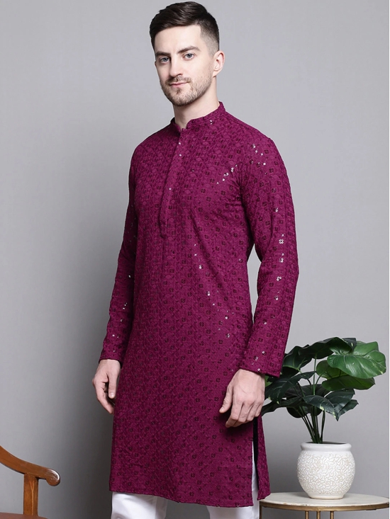 Sequin Embroidered Pure Cotton Kurtas-S / Purple