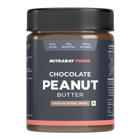 Nutrabay Foods Peanut Butter (Creamy) - Chocolate Intense, 400g | 100% Roasted Peanuts, 22g Protein, Zero Cholesterol, Vegan, Gluten Free, Non GMO