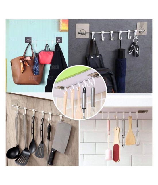 Mr Bhoot Self Adhesive Kitchen Hanger Hook Rail With 6 Hook, Multipurpose Strong Sticky 10 Kg Capicity Wall Mounted Self Adhesive Kitchen Towel Hanger Hook,Steel Road And ABS Plastic 6 White