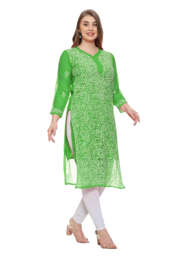 Lavangi Women Lucknow Chikankari Mehndi Green Georgette Kurti with Matching Cotton Inner