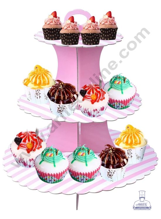 Cake Decor™ 3 Tier Stripe Cardboard Cupcake Stand - (1 Piece)-PINK