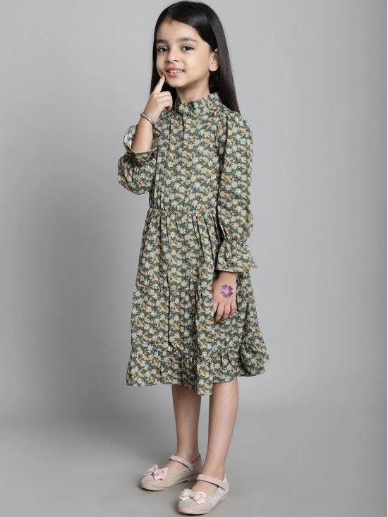 MINI & MING Girls Floral Print Mock Neck Bell Sleeves Crepe Fit & Flare Midi Dress