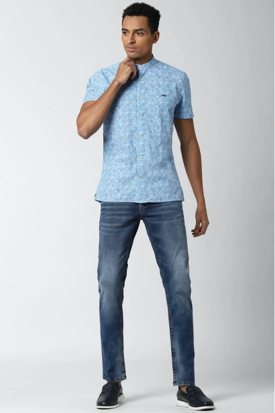 Men Blue Super Slim Fit Print Half Sleeves Casual Shirt